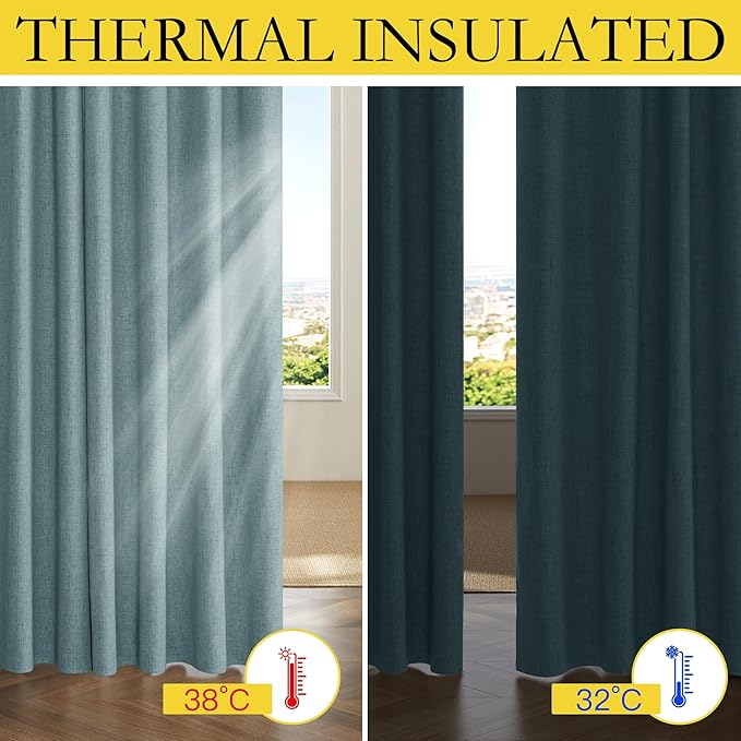 NICETOWN 100% Absolutely Blackout Linen Curtains with Thermal Insulated Liner, Skylark Blue, 62" Wide, 84" Length Energy Saving Curtains for Living Room 2 Panels Set, Vertical Blinds