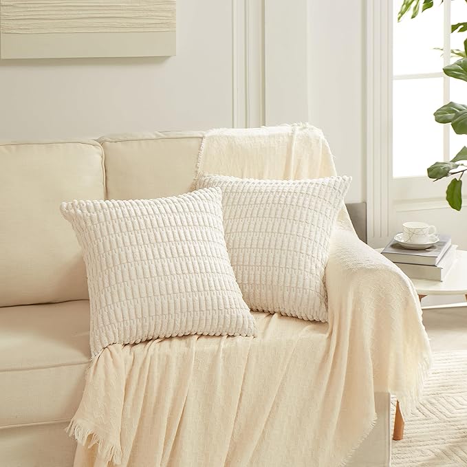 Fancy Homi 4 Packs Neutral Small Decorative Throw Pillow Covers 14x14 Inch for Living Room Couch Bed Sofa, Rustic Farmhouse Boho Home Decor, Soft Plush Striped Corduroy Square Cushion Case 35x35 cm