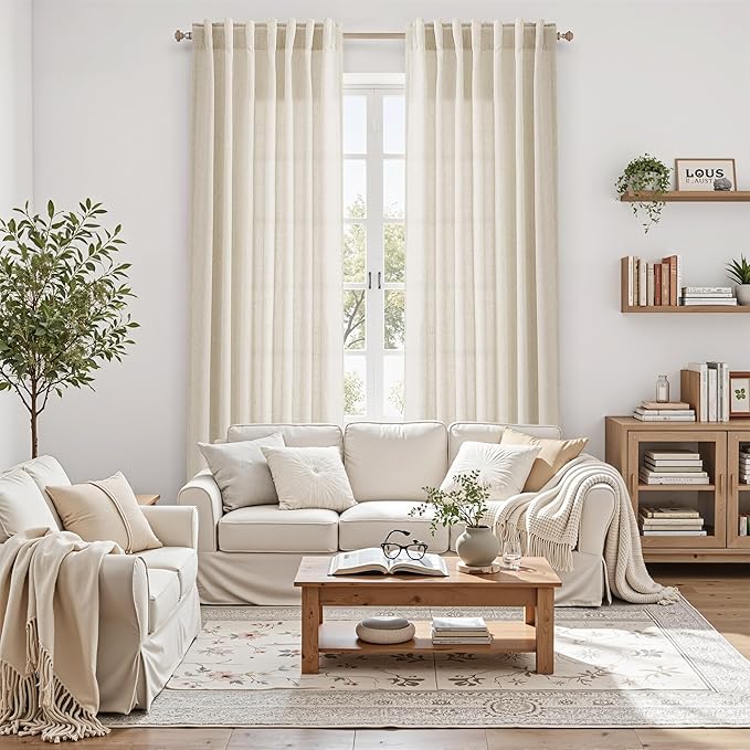 Nanspring Modern Farmhouse Decor Curtains 96 Inches Long for Living Room Linen Birch Beige Luxury Light Filtering Semi Sheer Curtain Back Tab Coastal Drapes for Bedroom Office 52x96, 2 Panels