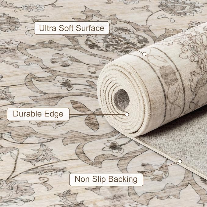 Hallway Runner Rug Non Slip - Washable 2.6x8 Kitchen Rugs for Living Room, Low-Pile Soft Bedroom Rug Indoor Floor Stain Resistant Carpets for Entryway, Laundry, Bathroom Beige