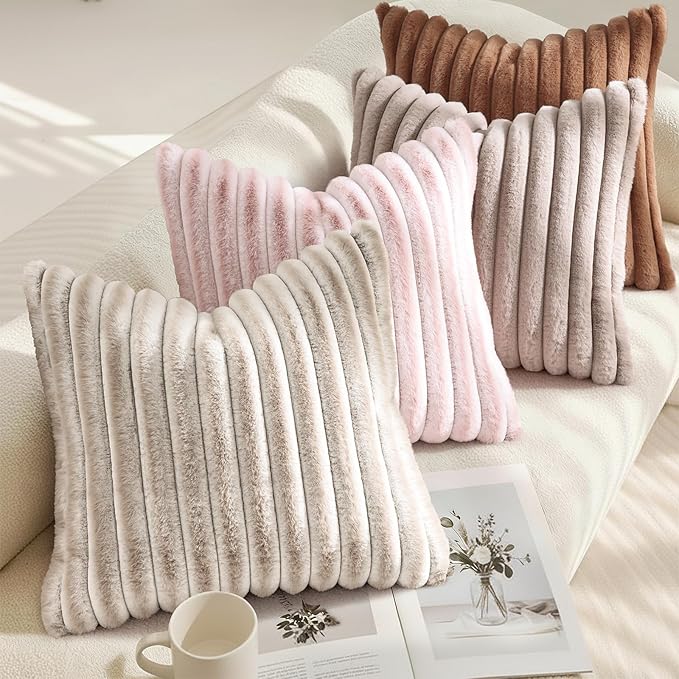 decorUhome Summer Cozy Faux Fur Throw Pillow Covers 16x16 Set of 2 Decorative Soft Plush Striped Modern Farmhouse Boho Couch Pillow Cases with Velvet Back for Sofa Bed Living Room, Pink White