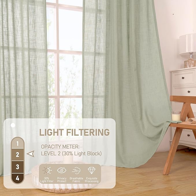 LAMIT 45 Inch Length Linen Curtains for Small Window, Semi Sheer Light Filtering Panels Back Tab and Rod Pocket Neutral Drapes for Bedroom, Sage Grey, 2 Panels, 34 x 45 Inch