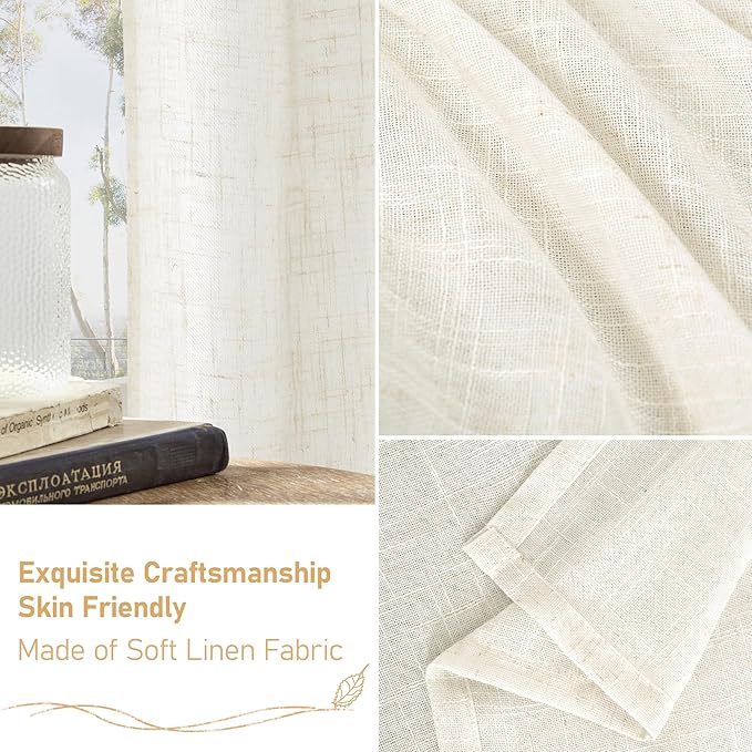 LAMIT 108 inch Semi Sheer Linen Curtains for Living Room, Back Tab and Rod Pocket Cream Curtains Light Filtering Country Rustic Neutral Drapes for Bedroom/Farmhouse, 2 Panels, 52 x 108 Inch