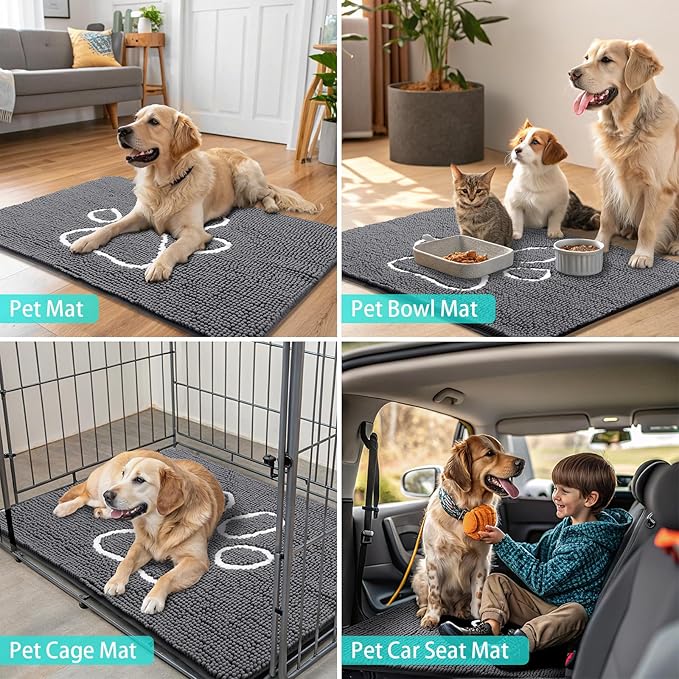 Smiry Dog Door Mat for Muddy Paws, Absorbent Dirt Trapper Non Slip Quick Dry Washable Chenille Mat for Mud Dogs, Entry Rug for Indoor and Outdoor (36x24 Inches, Dark Grey and White)