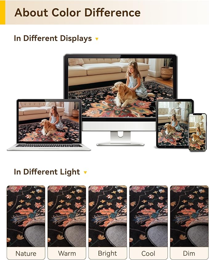 Area Rugs 10'x14' Washable Non-Slip, Floral Vintage Distress Print Pattern Medallion Carpet for Living Room Bedroom Dining Room, Black Colorful Floral Dark Tan
