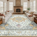 RELEANY Area Rugs 10'x14' Washable Non-Slip, Floral Vintage Distress Print Pattern Medallion Carpet for Living Room Bedroom Dining Room, Light Yellow Carbon Grey Orange