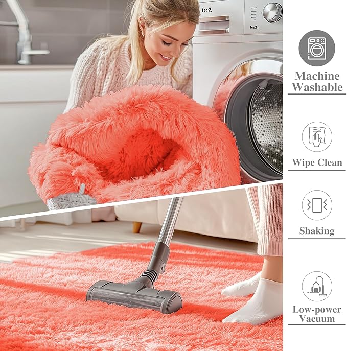 OLANLY 6x9 Machine Washable Large Area Rugs for Living Room, Bedroom, Soft Fluffy Shaggy Bedside Rug, Indoor Floor Carpet for Kids Girls and Boys, Dorms, Nursery, Home Decor Aesthetic, Coral Red