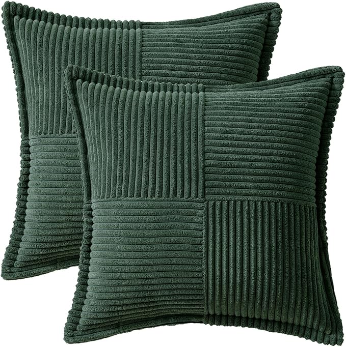 MIULEE Decorative Throw Pillow Covers for Couch Bed Livingroom 12x12 Inch Set of 2 Dark Green Boho Accent Throw Pllows Broadside Striped Patchwork Soft Corduroy Pillowcases
