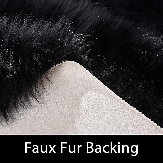 Latepis Shag Rug 6x9, Faux Fur Sheepskin Rug for Living Room, Fluffy Washable Rugs for Bedroom, Dorm, Luxury Room Decor, Black Fuzzy Rugs, Rectangle