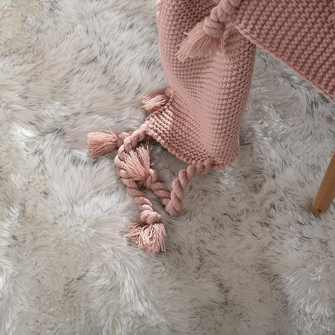 Goolela Sheepskin Area Rug 10x12 Fluffy Fuzzy Faux Fur Carpet for Living Room Bedroom Furry Shaggy Plush Washable Rectangle - White with Grey Tips