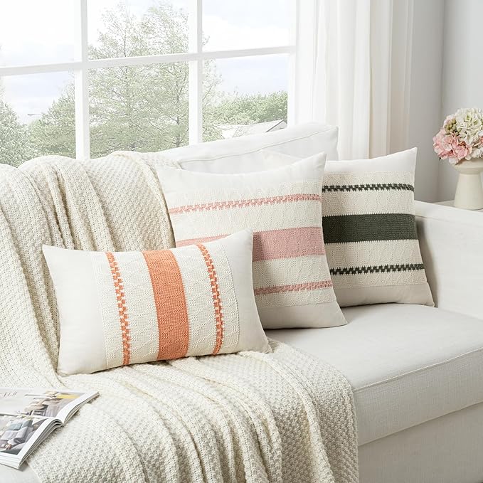 Fancy Homi Set of 1 Boho Olive Green Long Lumbar Decorative Throw Pillow Cover 12x24 Inch for Couch Bed Sofa Chair, Modern Organic Farmhouse Home Decor, Soft Cotton Cute Accent Rectangle Cushion Case