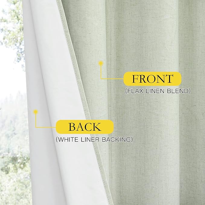 NICETOWN 100% Blackout Sage Green Linen Curtains 90" Length with Thermal Insulated Liners, 2 Panels, 62" W, Farmhouse Style Room Cooling Small Window Draperies for Dining Room
