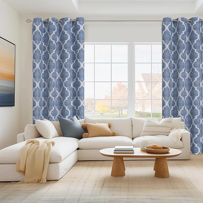 Beauoop 100% Blackout Curtains 96 Inches Long 2 Panels for Bedroom Living Room Blue Moroccan Geo Room Darkening Thermal Insulated Soundproof Grommet Top Window Treatments Drapes, 50x96 Set of 2