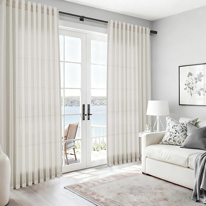 Nanspring Mousse White Curtains 90 Inches Long for Living Room Linen Light Filtering Semi Sheer Curtain Back Tab Rod Pocket Simple Modern Elegant Coastal Decor Drapes for Bedroom 52x90, 2 Panels