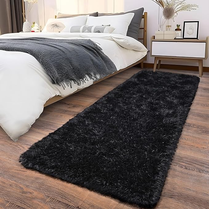 Soft Runner Rugs for Bedroom Hallways, 2x5 Black Fluffy Shag Throw Area Rug Non Slip for Bedside Dorm, Long Shaggy Furry Carpet for Nursery Living Room