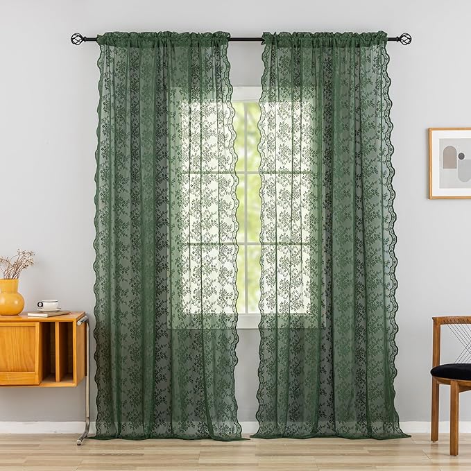 YJ YANJUN Vintage Lace Curtains-Victorian Floral Dark Green Boho 102 inch Long Curtains for Living Room Bedroom Custom 2 Panel Rod Pocket Retro Crochet Sheer Floor to Ceiling Drapes W52xL102 2 Panels