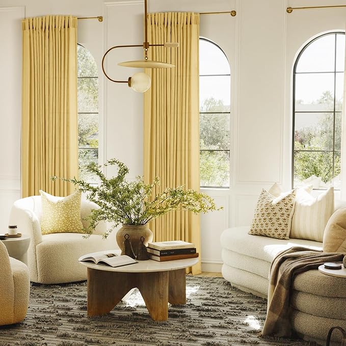 Gold Curtains for Living Room Back Tab Modern Farmhouse Semi Sheer Curtains 102 inches Long 2 Panels Set Muted Neutral Window Curtain for Dining Room Bedroom 52x102