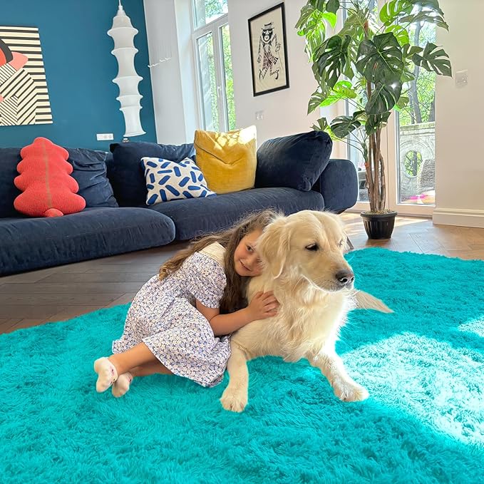 OLANLY 2x6 Machine Washable Runner Rugs for Hallway, Soft Fluffy Shaggy Bedside Rugs for Bedroom, Living Room, Indoor Floor Carpet for Kids Girls Boys, Nursery Rooms, Home Decor Aesthetic, Teal Blue