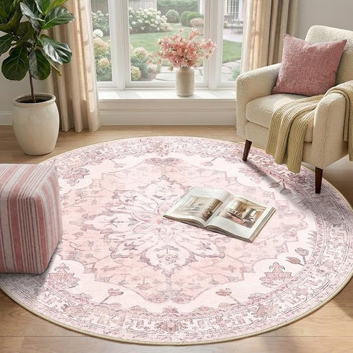 Area Rugs 4ft Washable Non-Slip, Floral Vintage Distress Print Pattern Medallion Carpet for Living Room Bedroom Dining Room, Pink Greypink Cute
