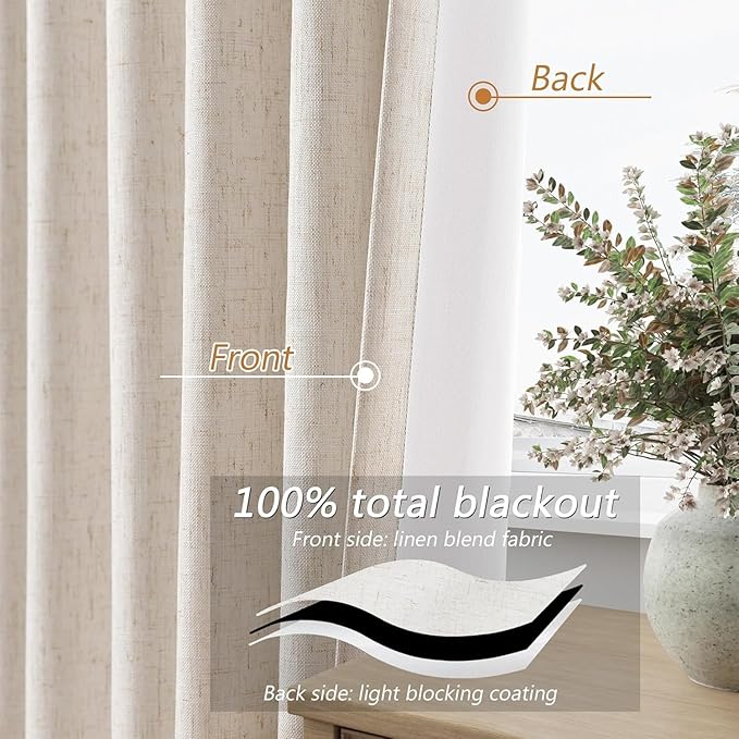 Guken 100% Blackout Curtains 45 Inch Length 2 Panels Set for Living Room Bedroom Back Tab Thermal Insulated Black Out Linen Drapes Room Darkening Window Curtains 45 Inches Long