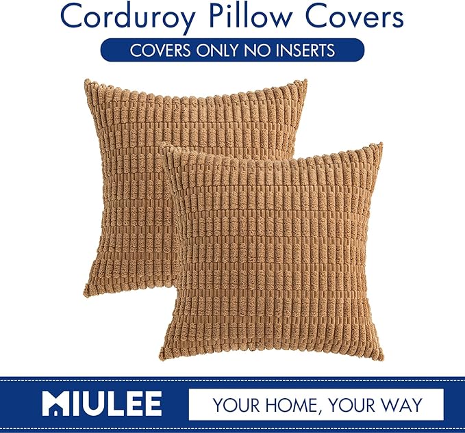 MIULEE Pack of 2 Corduroy Decorative Throw Pillow Covers 18x18 Inch Soft Boho Striped Pillow Covers Modern Farmhouse Home Decor for Sofa Living Room Couch Bed Brown