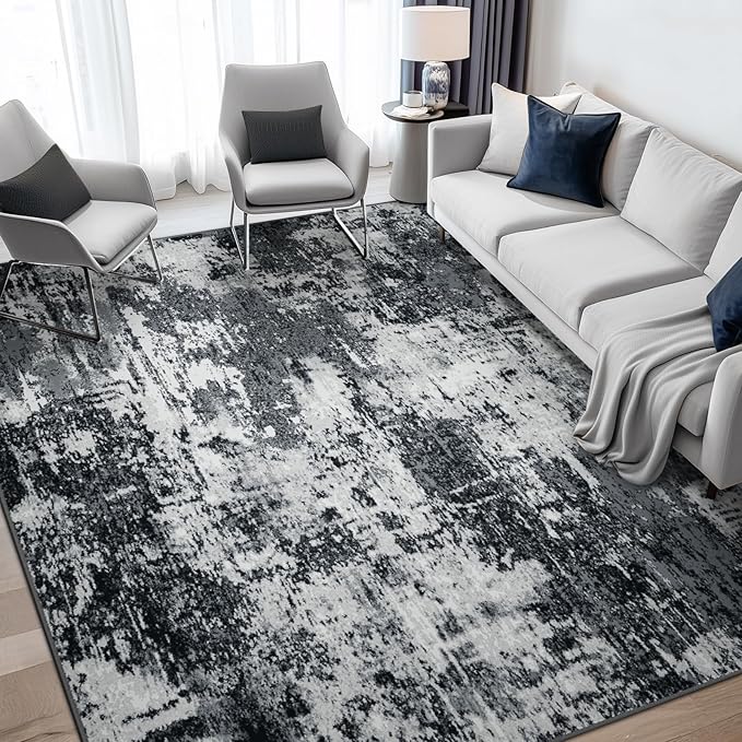 Washable Area Rugs 6'x8' Non-Slip Modern Abstract Soft for Living Room Entryway Bedroom Nursery, Print Pattern, Black Navy Blue Gray