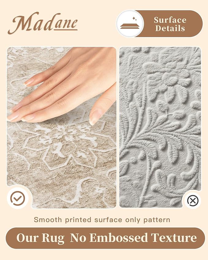 Madane 5x7 Area Rugs for Living Room, Washable Vintage Natural Rug with Non-Slip Backing, Soft Floral Print Throw Rugs Floor Low Pile Carpet for Bedroom Dining Room Farmhouse (5 x 7, Beige/Brown)