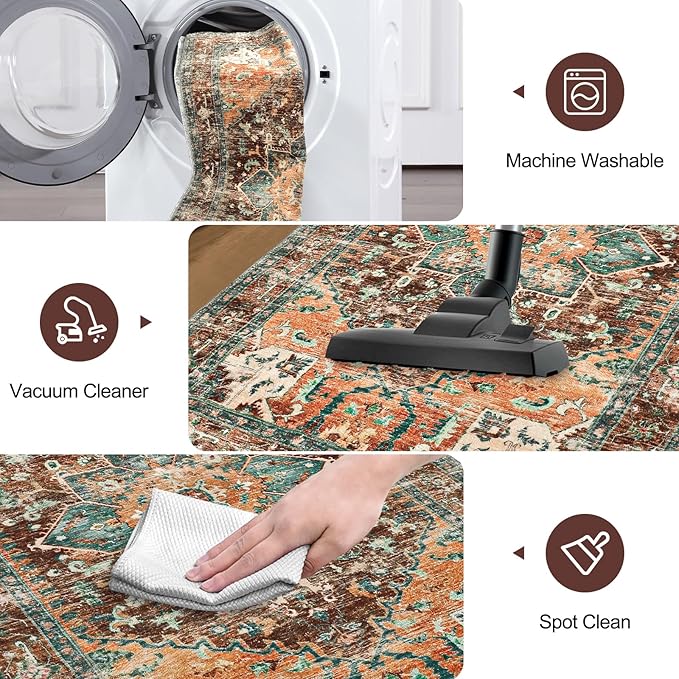 Yamaziot Washable Runner Rug, 2x8 Non-Slip Boho Vintage Hallway Rug Runner with Rubber Backing, Stain Resistant & Low Pile Faux Wool Distressed Carpet Runner for Bedroom, Kitchen, Laundry, Entrance