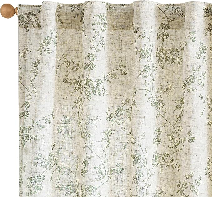 Lazzzy Floral Linen Curtains Farmhouse Extra Long Curtain for Living Room Bedroom Light Filtering Vintage Rod Pocket Back Tab Drapes for Home, 2 Panels, Green on Beige, W38 X L108