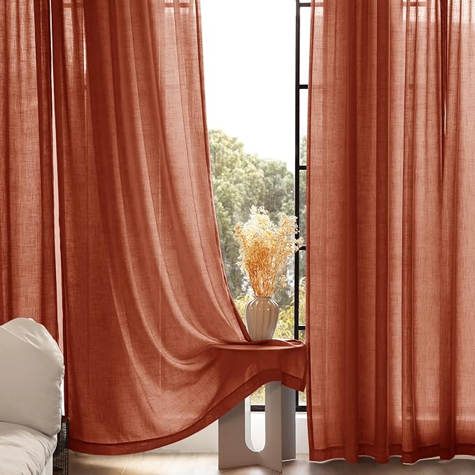 120 inch Linen Terracotta Curtains 2 Panels for Living Room Back Tab Light Filtering Semi Sheer Rust Colored Curtains 120 inches Long Soft Thick Cotton Cloth Textured Rustic Boho Farmhouse Room Decor
