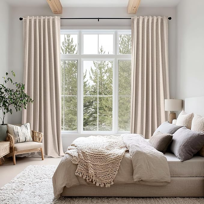 MIULEE 100% Blackout Linen Curtains for Bedroom, Beige Solid Luxury Decor Thermal Insulation Room Darkening Drapes for Living Room Nursery Back Tab Rod Pocket 42 x 108 Inches, 2 Panels