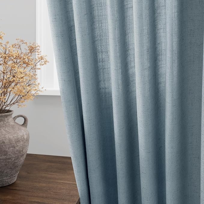 Light Blue Linen Curtains 90 Inch Long 2 Panels Set for Bedroom Living Room Soft Linen Textured Window Drapes Semi Sheer Light Filtering Rod Pocket Back Tab Cotton Textured Farmhouse Curtain 52x90