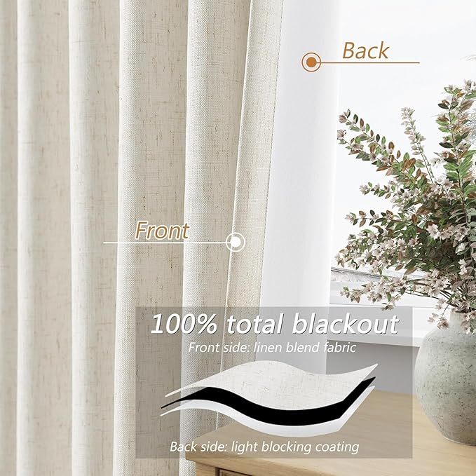 Guken Cream 100% Blackout Curtains 45 Inch Length 2 Panels Set for Living Room Bedroom Back Tab Black Out Linen Drapes Room Darkening Window Curtains 52x45