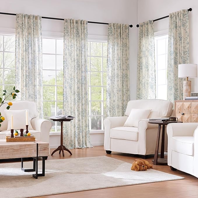 jinchan Linen Blend Curtain Floral Curtains for Living Room 90 Inch Length Blue Printed Curtain Rod Pocket Back Tab Farmhouse Peony Flower Patterned Drapes Bedroom Window Curtains Set 2 Panels