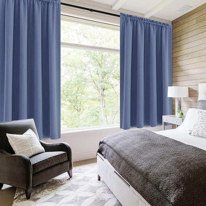DWCN Blackout Curtains – Thermal Insulated, Energy Saving & Noise Reducing Bedroom and Living Room Curtains, Dusty Blue, W 52x L 63 Inch, Set of 2 Rod Pocket Curtain Panels