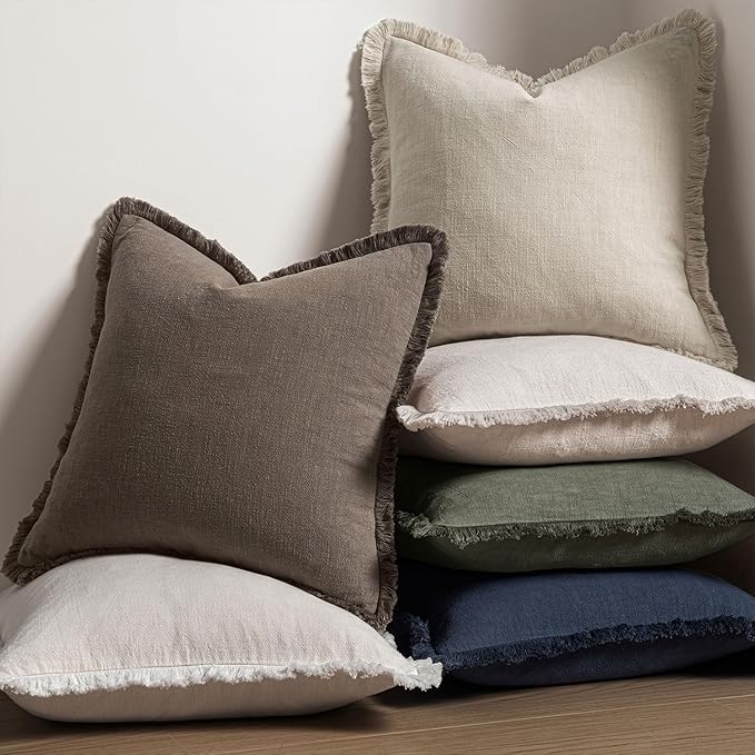 MIULEE Decorative Throw Pillow Covers Neutral Linen Fringe Throw Pillows Set of 2 Natural Coffee Boho Farmhouse Cushion Covers with Tassels for Couch Sofa Bed Living Room Spring Decor 18x18 Inch