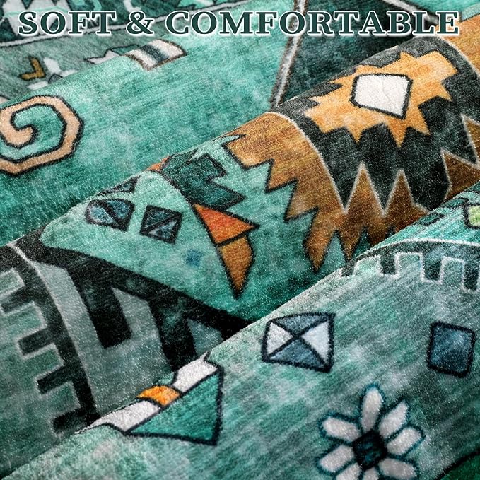 SERISSA Washable Rugs 6x9 Area Rugs, Large Non-Slip Boho Living Room Teal Rug, Ultra Soft Vintage Print Distressed Oriental Tribal Farmhouse Carpet for Dining Room Bedroom Dorm Office Home Decor