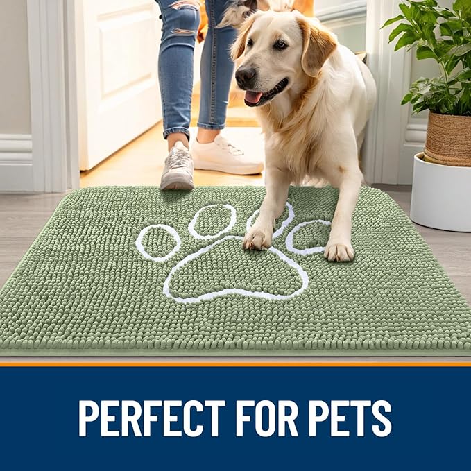 OLANLY Dog Door Mat for Muddy Paws 40x32, Paw Print Design, Absorbs Moisture and Dirt, Non-Slip Washable Doormat, Quick Dry Chenille Mud Mat for Dogs, Entry Indoor Entryway Carpet, Sage Green