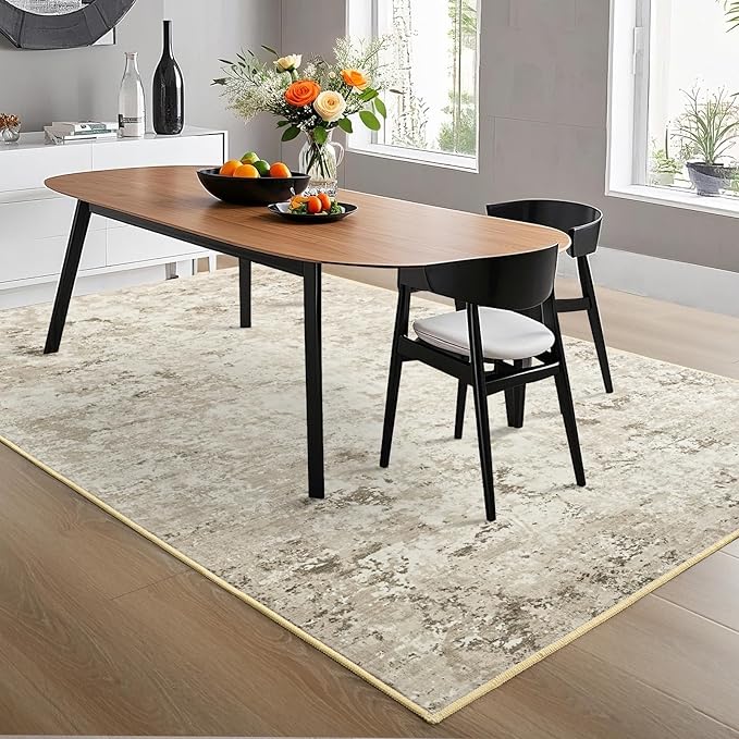 Toneed Abstract Area Rug Modern Washable Rug Soft Non Slip Rug Low Pile for Bedroom Living Room Dining Room Beige 5x7 Feet