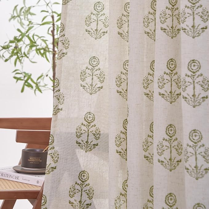 jinchan Linen Floral Curtains for Living Room 84 Inch Length Green Flower Cottage Core Farmhouse Curtains Rod Pocket Back Tab Boho Semi Sheer Window Drapes Bedroom Set 2 Panels Green on Beige