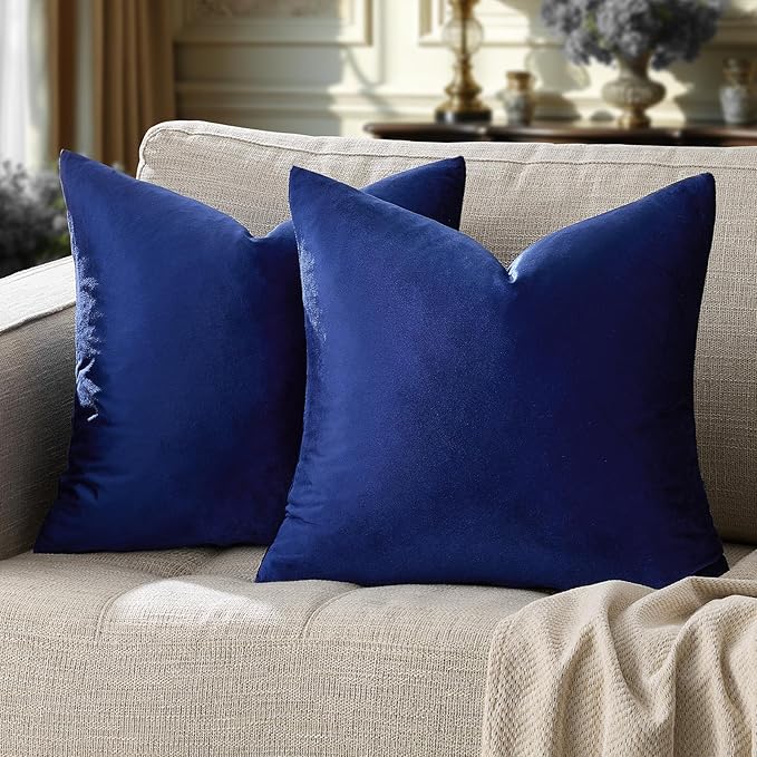 GIGIZAZA Blue Throw Pillow Covers 24x24, Pack of 2 Velvet Couch Pillows Living Room Decorative Square Cushion Cases Home Decor Bedroom Super Soft Throw Pillowcases