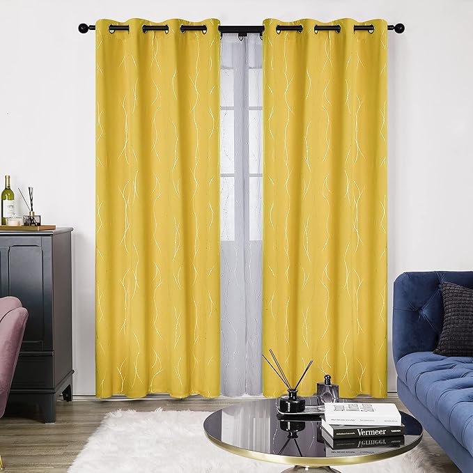 Deconovo Yellow Curtains, Modern Blackout Drapes, Thermal Insulated Soundoroof Pravicy Curtain with Wave Dots Foil, 52 x 84 Inch, Machine Washable Window Panels for Living Room Bedroom Nursery Office