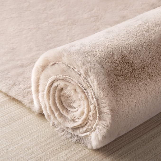 Ashler Faux Fur Rug, Ultra Soft Faux Rabbit Fur, Beige Area Rugs, 3 x 5 Feet Rectangle, Machine Washable Nursery Decor Throw Rugs for Bedroom, Kids Room, Living Room