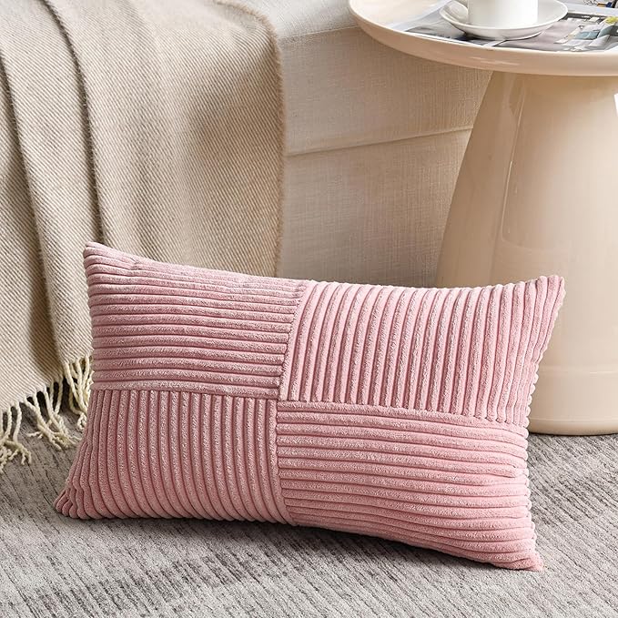 Fancy Homi 2 Packs Blush Pink Lumbar Decorative Throw Pillow Covers 14x22 Inch for Living Room Couch Bed, Rustic Farmhouse Boho Home Decor, Soft Striped Corduroy Rectangle Accent Cushion Case 35x55 cm