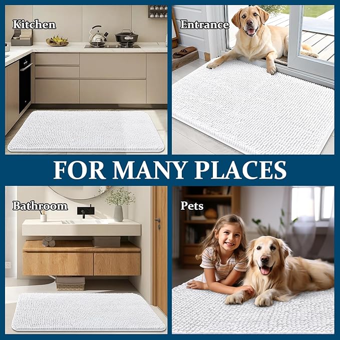 OLANLY Dog Door Mat for Muddy Paws 44x24, Absorbs Moisture and Dirt, Absorbent Non-Slip Washable Doormat, Quick Dry Chenille Mud Mat for Dogs, Entry Indoor Entryway Carpet for Inside Floor, White