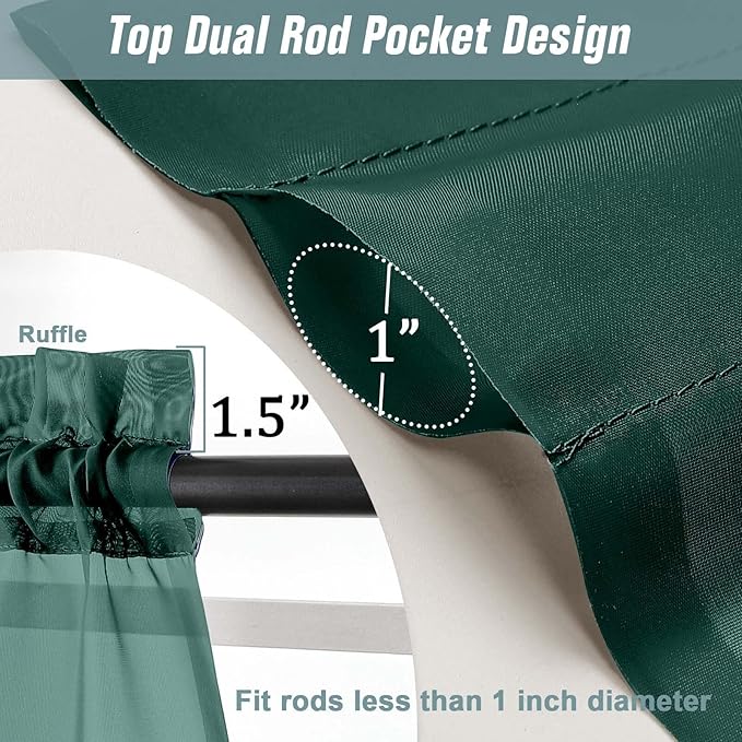 Green Valances for Windows 14 inch Length 2 Panels, Small Voile Sheer Curtains for Bathroom, Soft Fabric Light Filtering Kitchen Curtains, Dual Rod Pocket, Hunter Green, 2x42Wx14L Inches