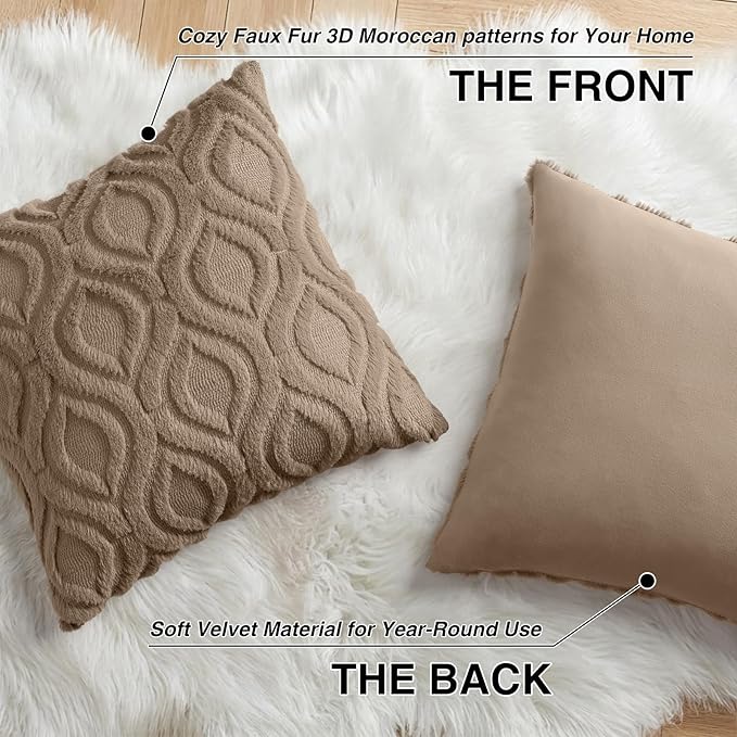 decorUhome Throw Pillow Covers 16x16 Inch Set of 2, Soft Plush Faux Wool Light Brown Solid Couch Pillow Covers, Accent Farmhouse Neutral Square Pillow Cases for Sofa Bed Living Room