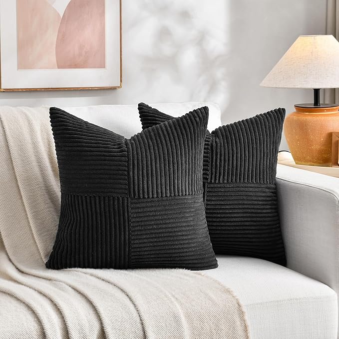 Fancy Homi 2 Packs Black Samll Decorative Throw Pillow Covers 14x14 Inch with for Couch Bed Sofa, Rustic Farmhouse Boho Home Decor, Soft Corss Patchwork Corduroy Square Cushion Case 35x35 cm
