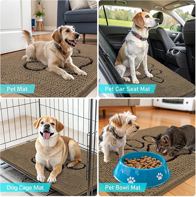 OLANLY Dog Door Mat for Muddy Paws 47x24, Paw Print Design, Absorbs Moisture and Dirt, Absorbent Non-Slip Washable Doormat, Quick Dry Chenille Mud Mat for Dogs, Entry Indoor Entryway Carpet, Tan