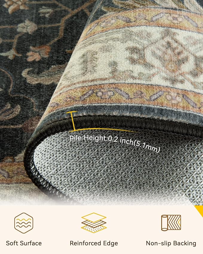 Area Rugs 9'x12' Washable Non-Slip, Floral Vintage Distress Print Pattern Medallion Carpet for Living Room Bedroom Dining Room, Vintage Black Brown Neutral